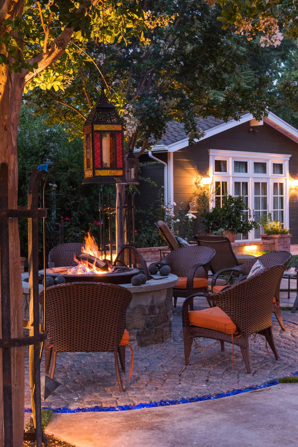 Stone fire pit hearth and ambient outdoor seating